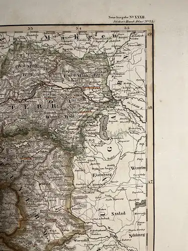 Original Kupferstich - 1836 - Stielers Handatlas Karte 25 - Süd-Östliches Deutschland, Erzherzogenthum Österreich, Tirol, Illyrien, Steyermark (43cm x 32cm)