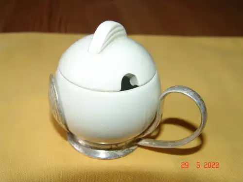 Senftopf Blatthalter versilbert WMF Wächtersbach Straußenmarke