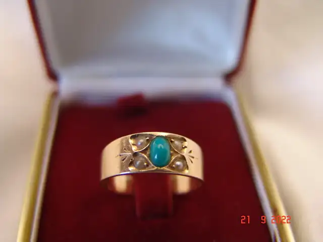 Antiker Freundschaftsring Türkis Perlen 14 Karat Rotgold- Gr.54 2