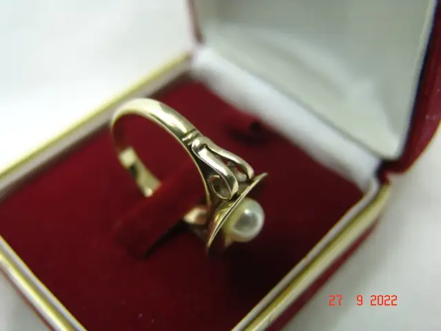 Art Deco Goldring Ring Perle 14 K / 585er Gelbgold Gr.58 10