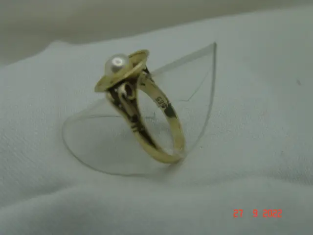 Art Deco Goldring Ring Perle 14 K / 585er Gelbgold Gr.58 3