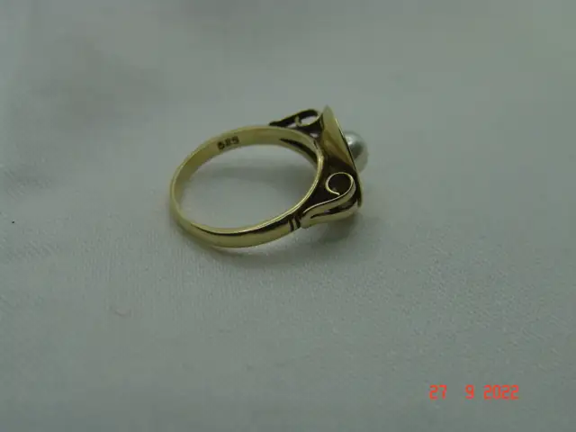 Art Deco Goldring Ring Perle 14 K / 585er Gelbgold Gr.58 8