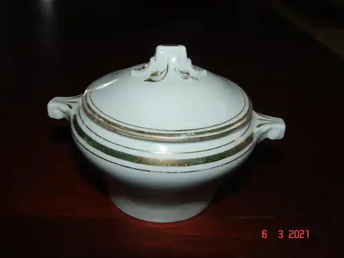Puppengeschirr Terrine Zuckerdose Deckel Porzellan Goldrand -1910