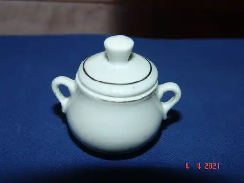 Puppengeschirr Terrine Zuckerdose Porzellan weiß - Golddekor