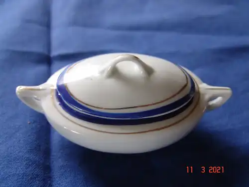 Puppengeschirr Terrine Zuckerdose oval Porzellan blauer Rand Goldrand