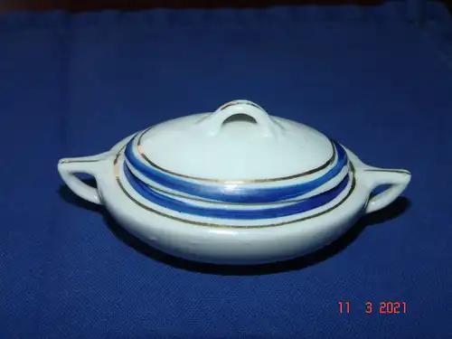 Puppengeschirr Terrine Zuckerdose oval Porzellan blauer Rand Goldrand