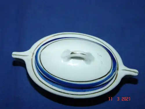 Puppengeschirr Terrine Zuckerdose oval Porzellan blauer Rand Goldrand