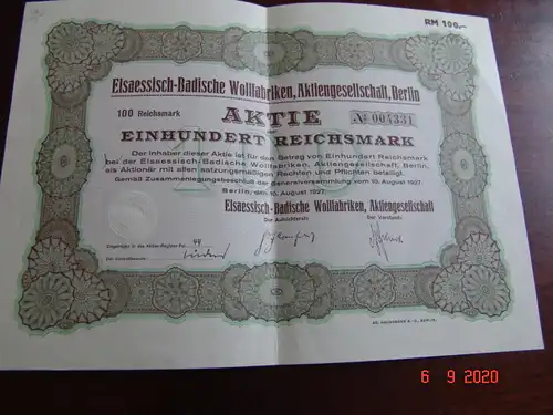 Elsaessisch-Badische Wollfabriken, AG Berlin 1927 - Aktie 004331