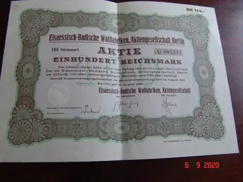 Elsaessisch-Badische Wollfabriken, AG Berlin 1927 - Aktie 004331