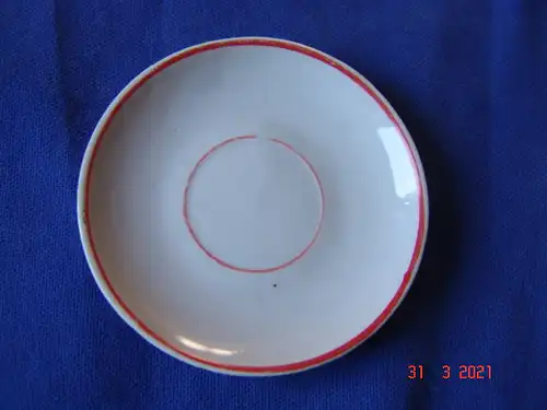 Puppengeschirr Teller Porzellan weiß rote Ränder - Ø 8 cm