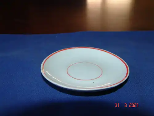 Puppengeschirr Teller Porzellan weiß rote Ränder - Ø 8 cm