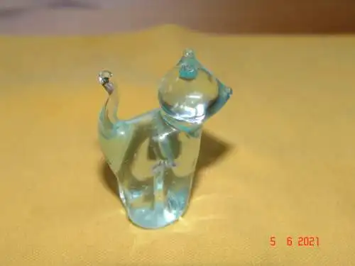 Miniatur Katze Glas massiv - hellblau transparent