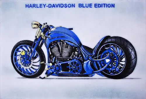Gemälde einer Harley Davidson Blue Edition aus tausenden Edelsteinen in mühevoller Handarbeit geschaffen-ein Unikat