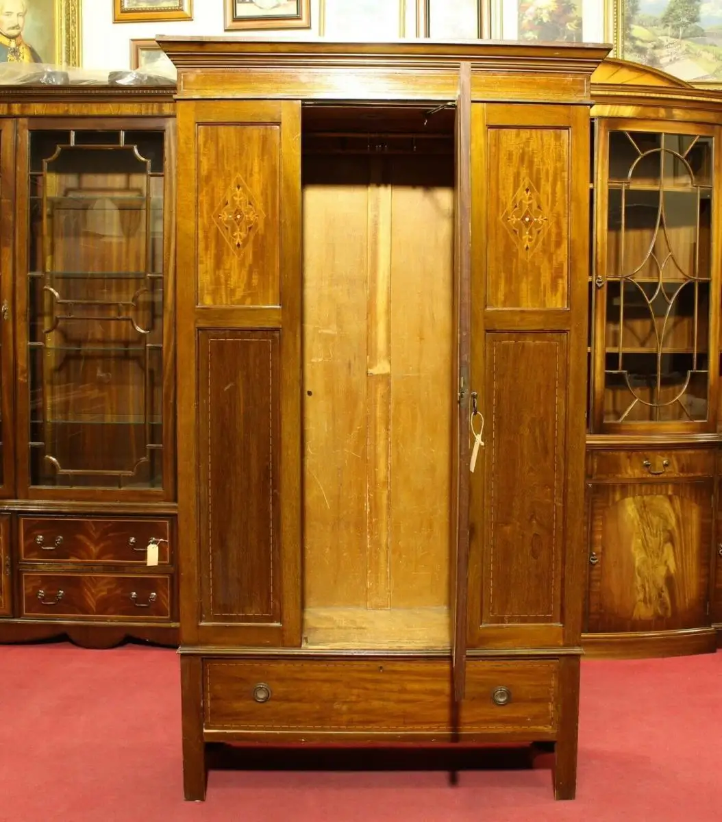 Englische Möbel Antik Schrank Dielenschrank Mahagoni Intarsie Spiegel Schubfach 0