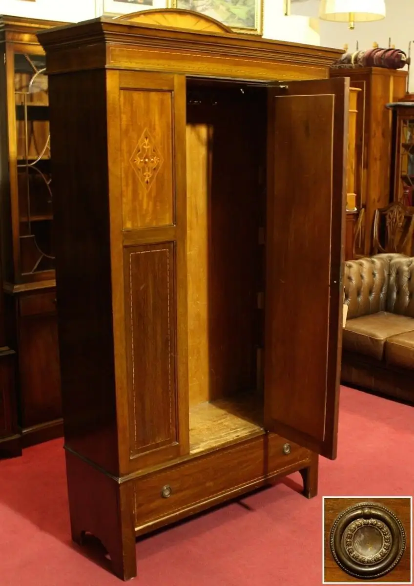 Englische Möbel Antik Schrank Dielenschrank Mahagoni Intarsie Spiegel Schubfach 1