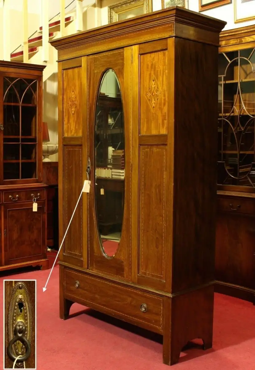 Englische Möbel Antik Schrank Dielenschrank Mahagoni Intarsie Spiegel Schubfach 2