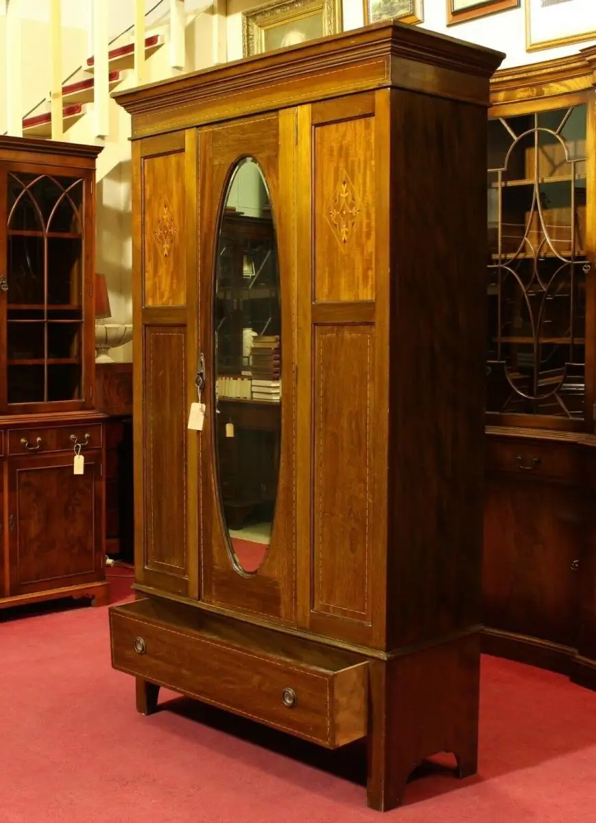 Englische Möbel Antik Schrank Dielenschrank Mahagoni Intarsie Spiegel Schubfach 5