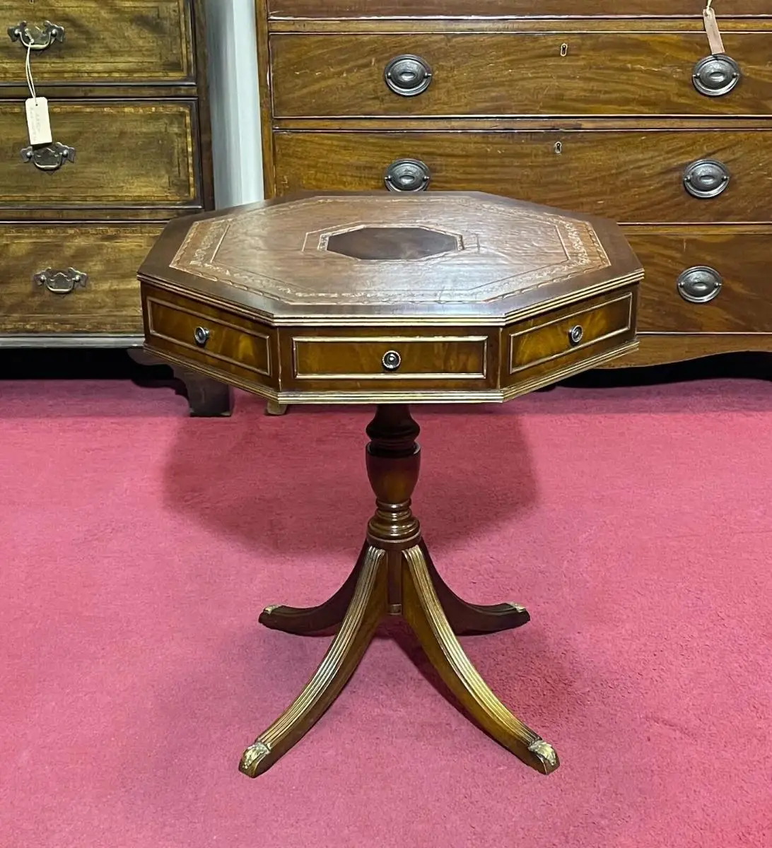 Englische Möbel Regency Tisch Trommeltisch Beistelltisch Mahagoni Antik Leder UK 0