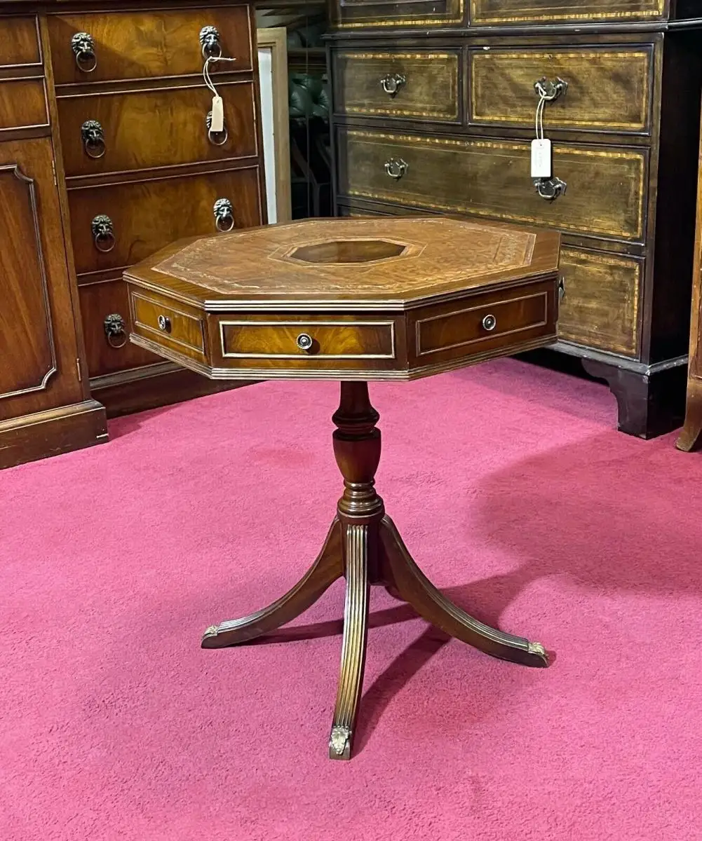 Englische Möbel Regency Tisch Trommeltisch Beistelltisch Mahagoni Antik Leder UK 2
