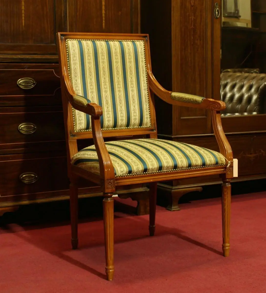 Englische Möbel Antik Stuhl mit Armlehne Eibe Biedermeier Streifen Homeoffice 1