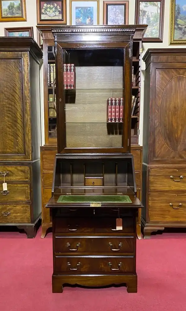 Englische Möbel Regency Aufsatz Sekretär Intarsie Schreibtisch Leder Regalboden 4