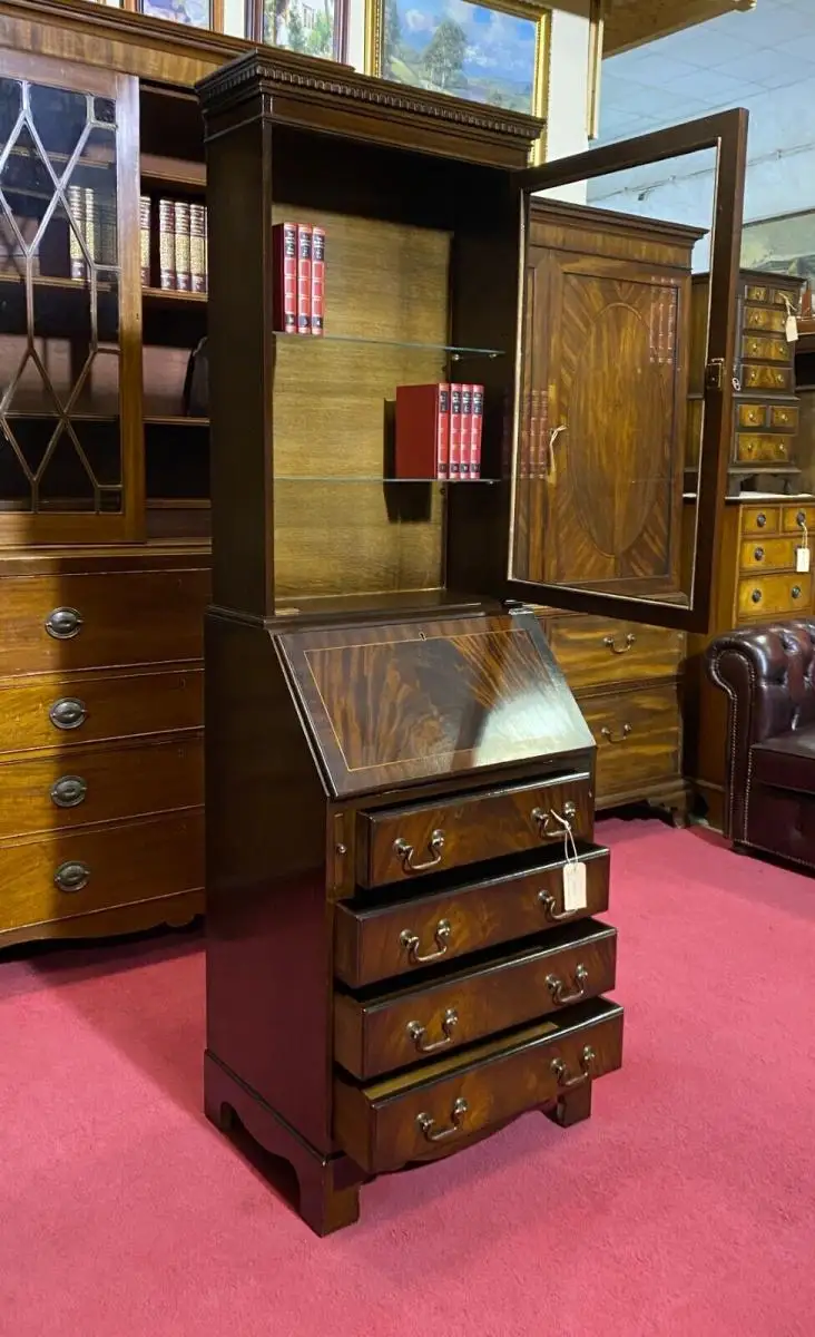 Englische Möbel Regency Aufsatz Sekretär Intarsie Schreibtisch Leder Regalboden 6