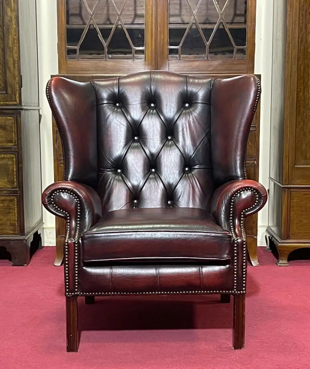 Englische Möbel Chesterfield Ohrensessel Wingchair Sessel Antik Leder Mahagoni 0