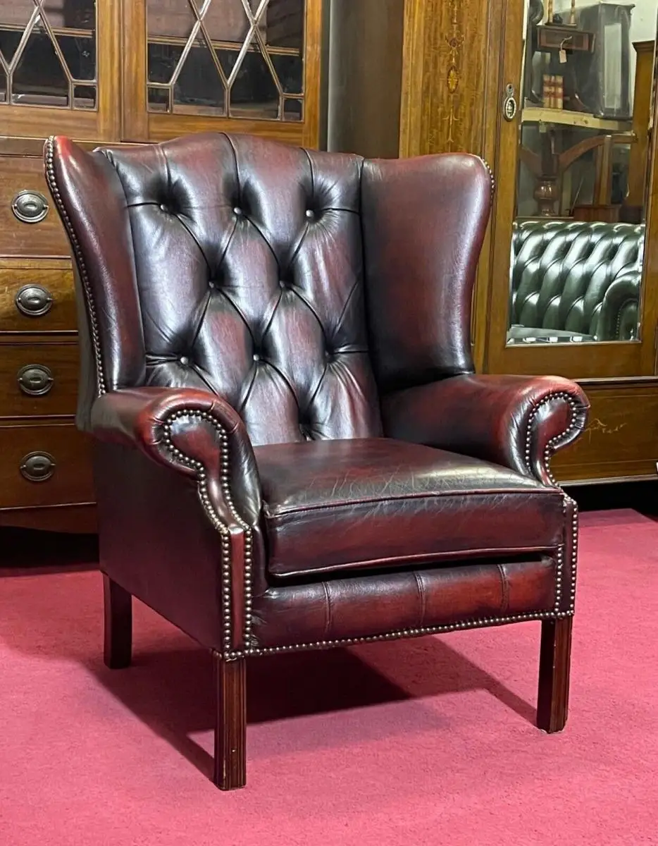Englische Möbel Chesterfield Ohrensessel Wingchair Sessel Antik Leder Mahagoni 1