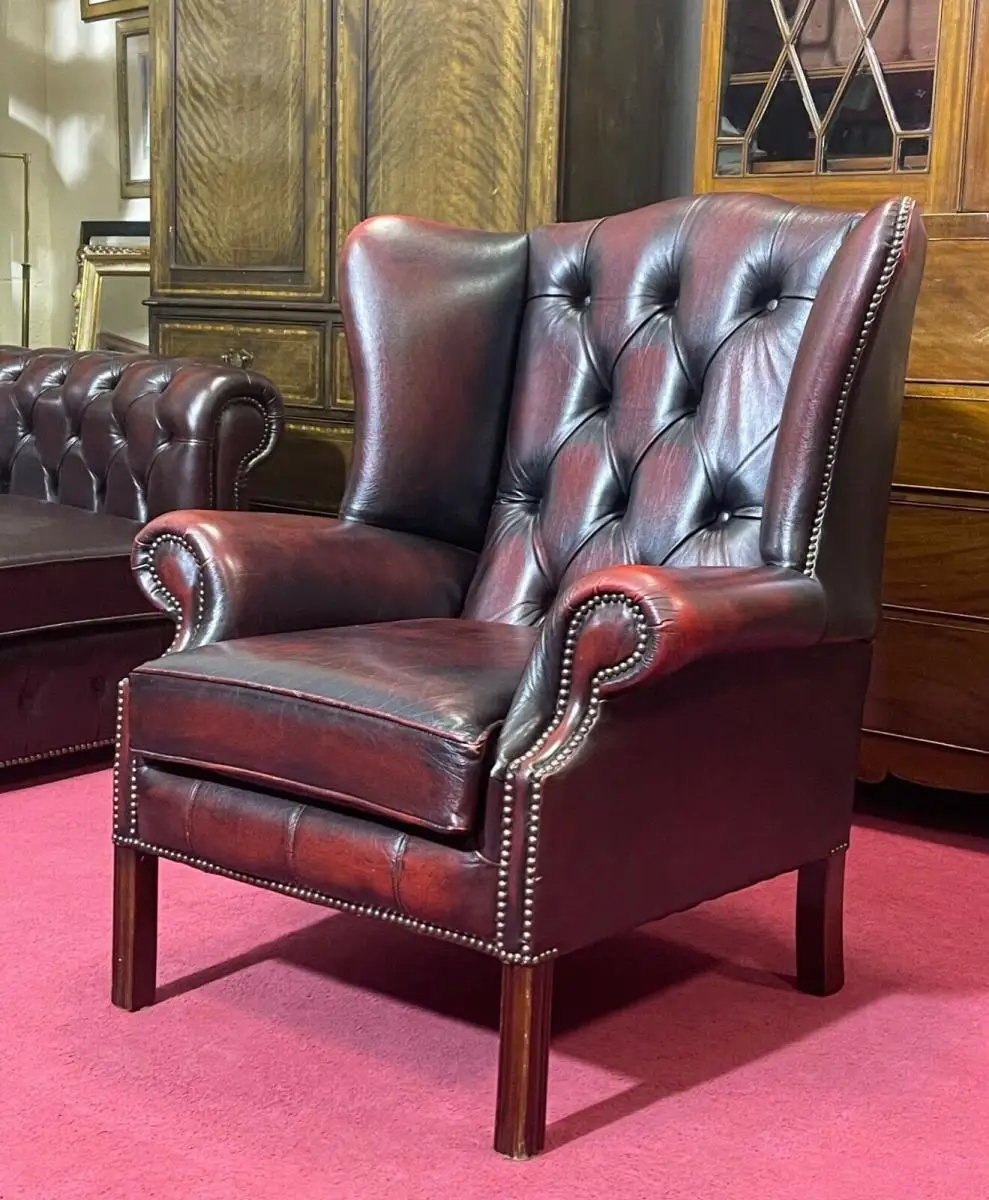 Englische Möbel Chesterfield Ohrensessel Wingchair Sessel Antik Leder Mahagoni 2