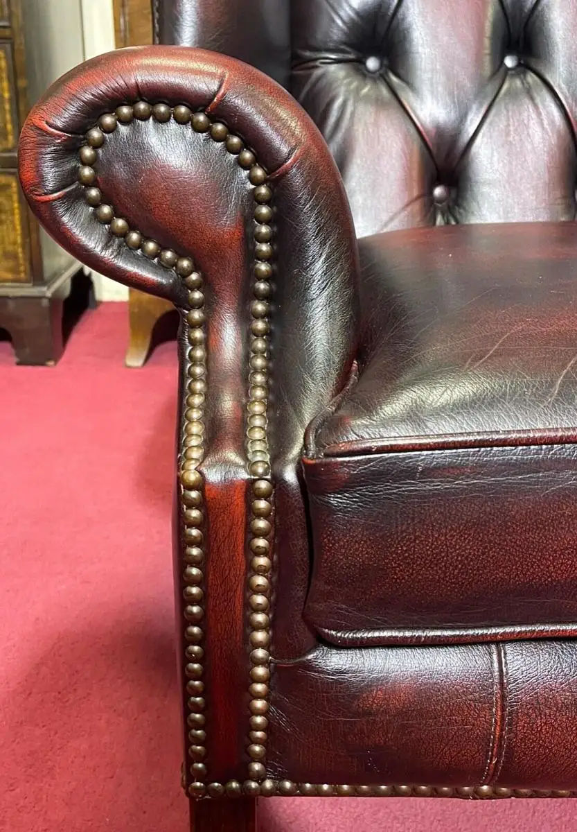 Englische Möbel Chesterfield Ohrensessel Wingchair Sessel Antik Leder Mahagoni 5