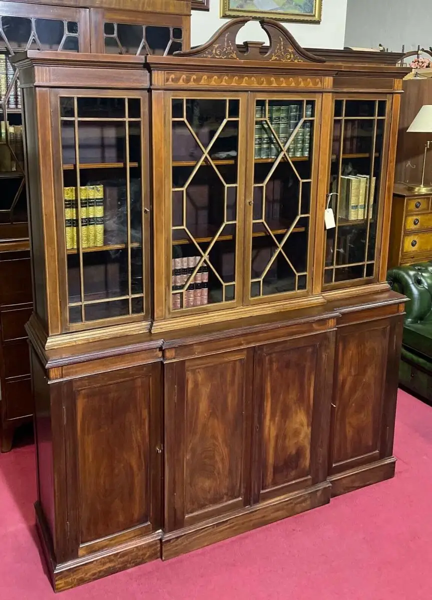Englische Möbel Antik Breakfront Bücherschrank Mahagoni Herrenzimmer Wohnzimmer 1