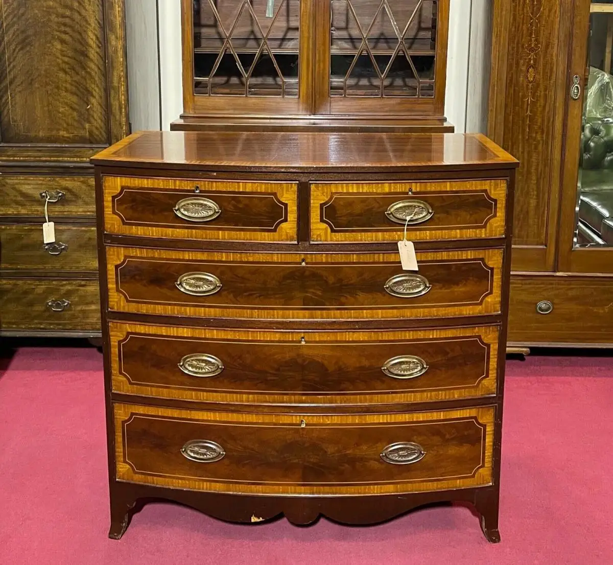 Englische Möbel Antik Kommode Highboard Mahagoni Intarsie Messinggriff Bowfront 0