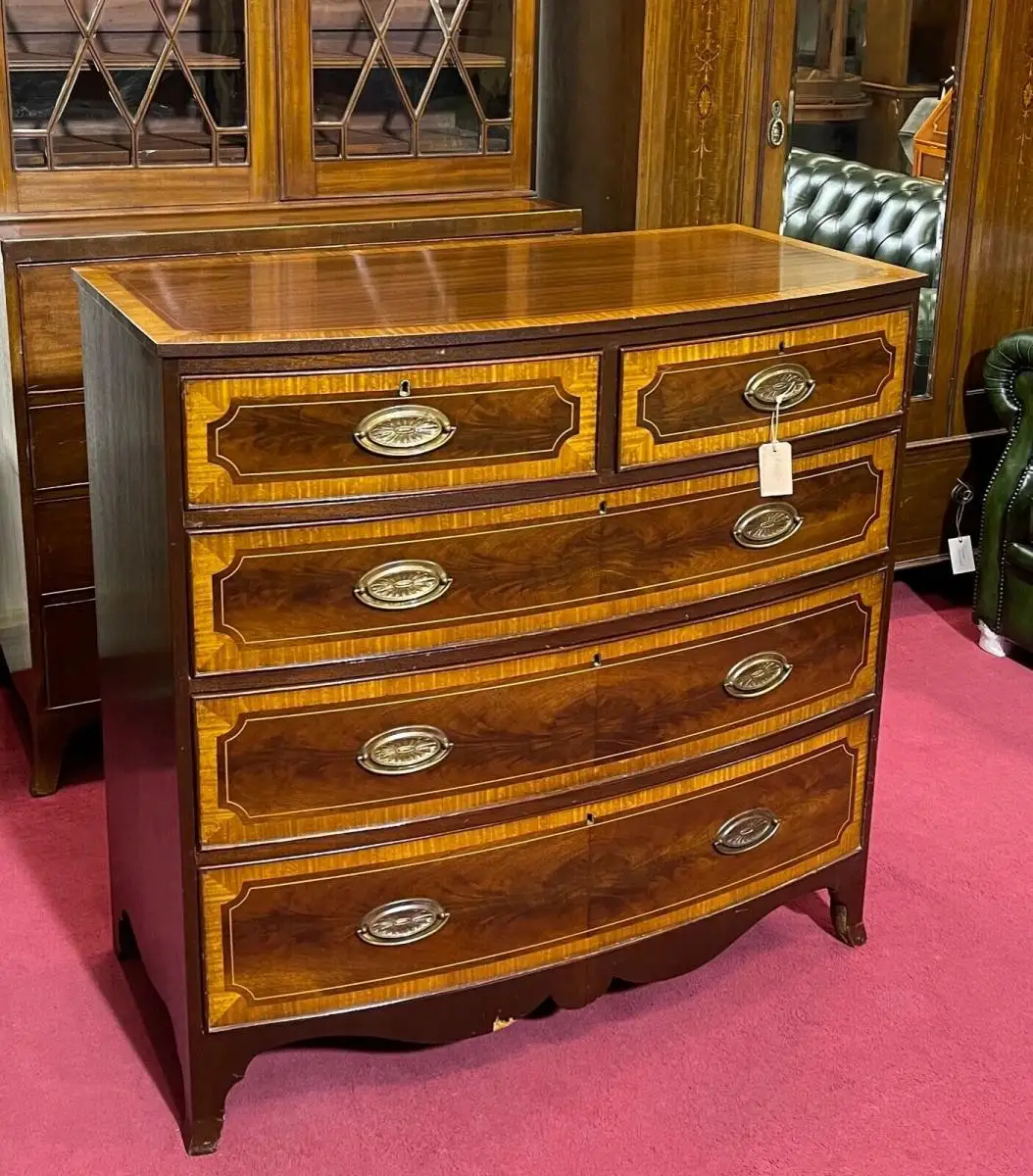 Englische Möbel Antik Kommode Highboard Mahagoni Intarsie Messinggriff Bowfront 1