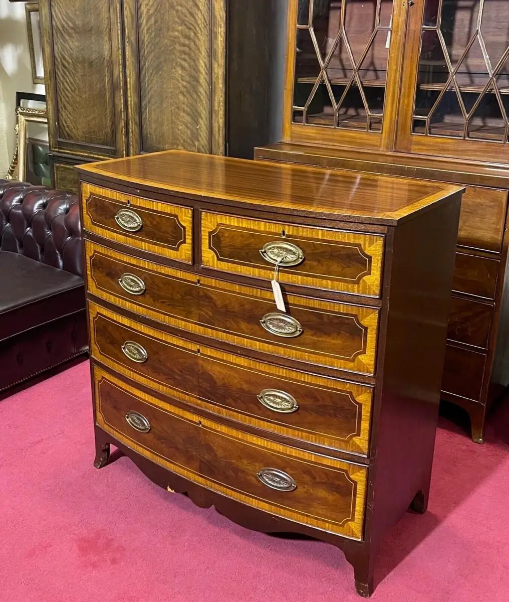 Englische Möbel Antik Kommode Highboard Mahagoni Intarsie Messinggriff Bowfront 2