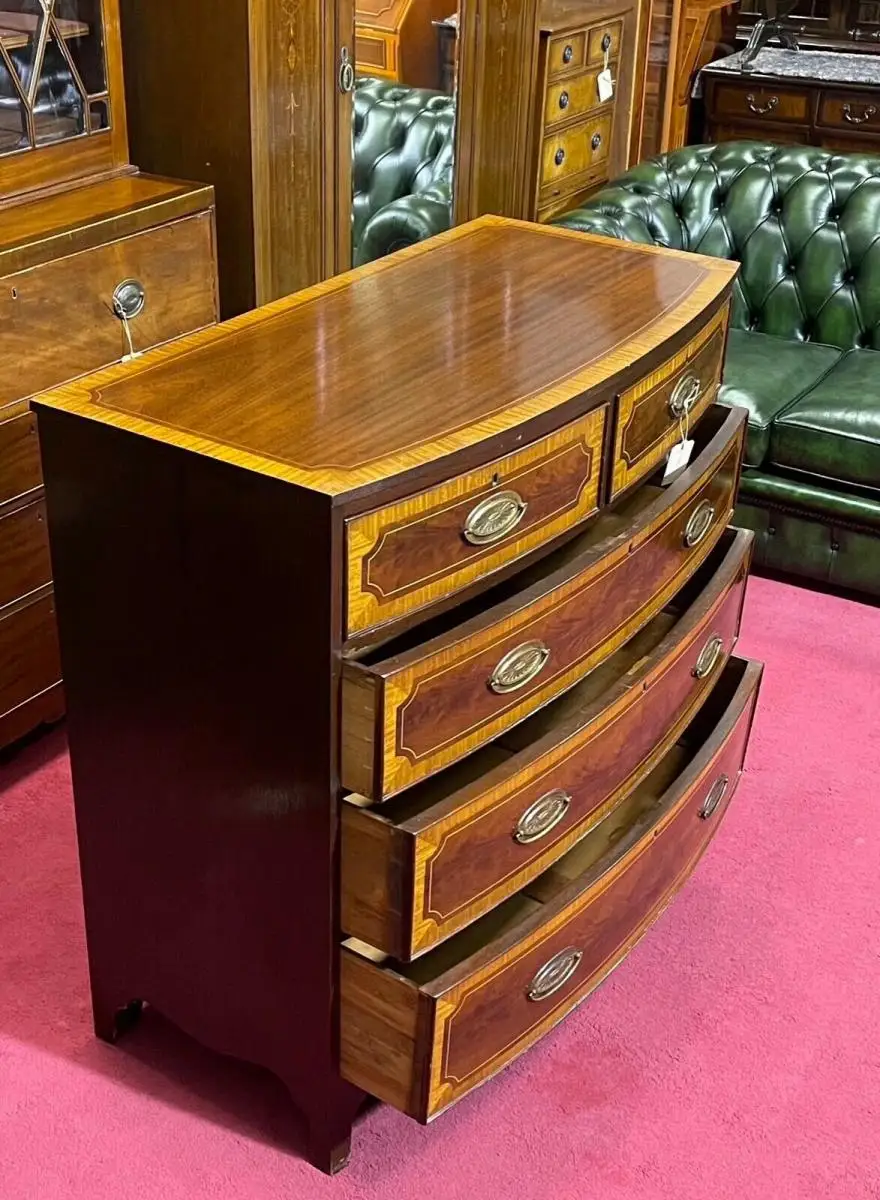 Englische Möbel Antik Kommode Highboard Mahagoni Intarsie Messinggriff Bowfront 5