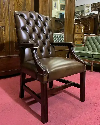 Englische Möbel Chesterfield Schreibtisch Stuhl mit Armlehne Antik Leder  1/2 UK