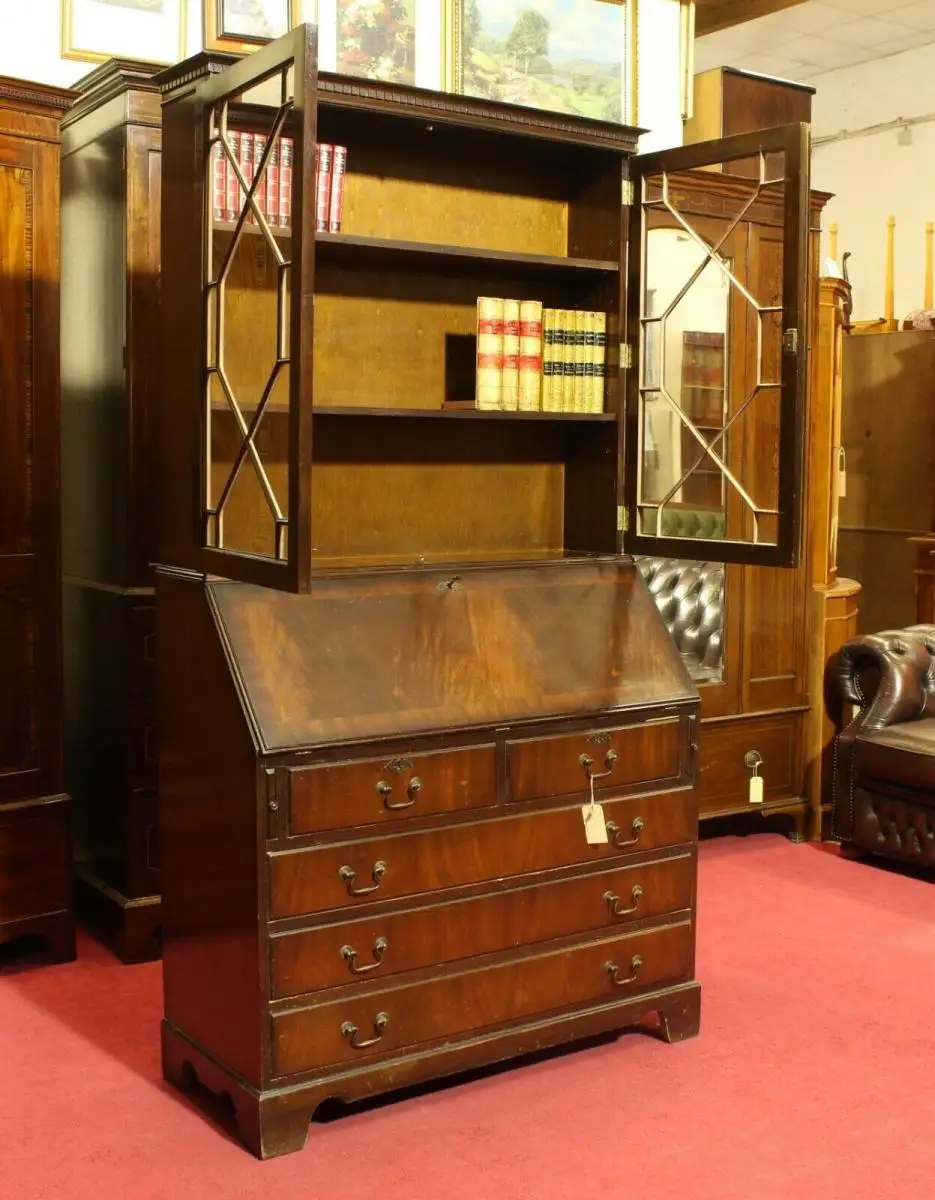 Englische Möbel Regency Sekretär Schreibtisch mit Aufsatz Leder 1