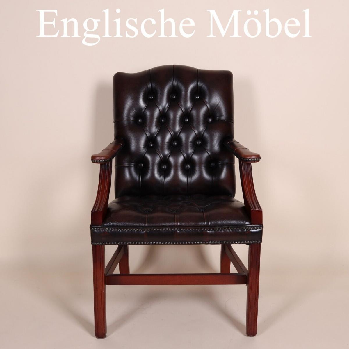 Englische M�bel Chesterfield Stuhl mit Armlehne Antik Leder in rotbraun Handmade 0