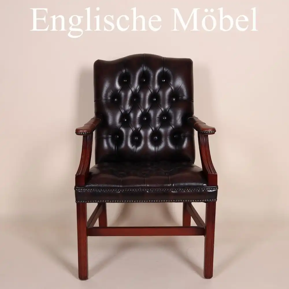 Englische Mbel Chesterfield Stuhl mit Armlehne Antik Leder in rotbraun Handmade 0