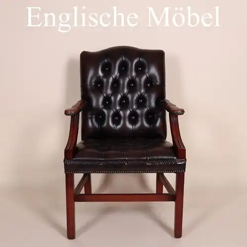 Englische Möbel Chesterfield Stuhl mit Armlehne Antik Leder in rotbraun Handmade