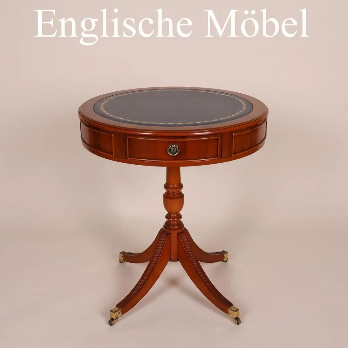 Englische Möbel Regency Eibe Trommeltisch Beistelltisch Nachttisch Leder Marine 0