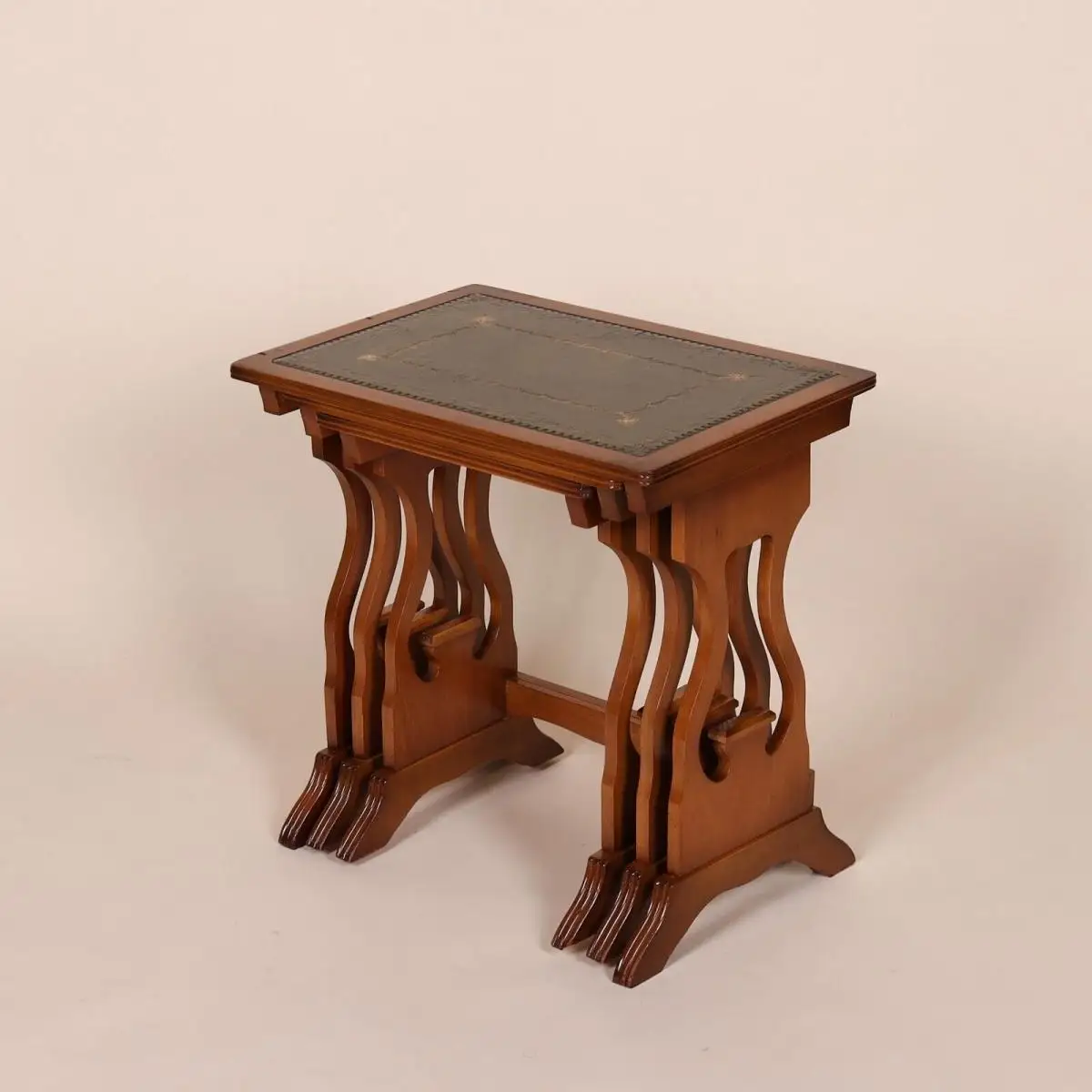 Englische Möbel Stilmöbel Set von 3 Eibe Beistelltisch Lampentisch mit Leder UK 4