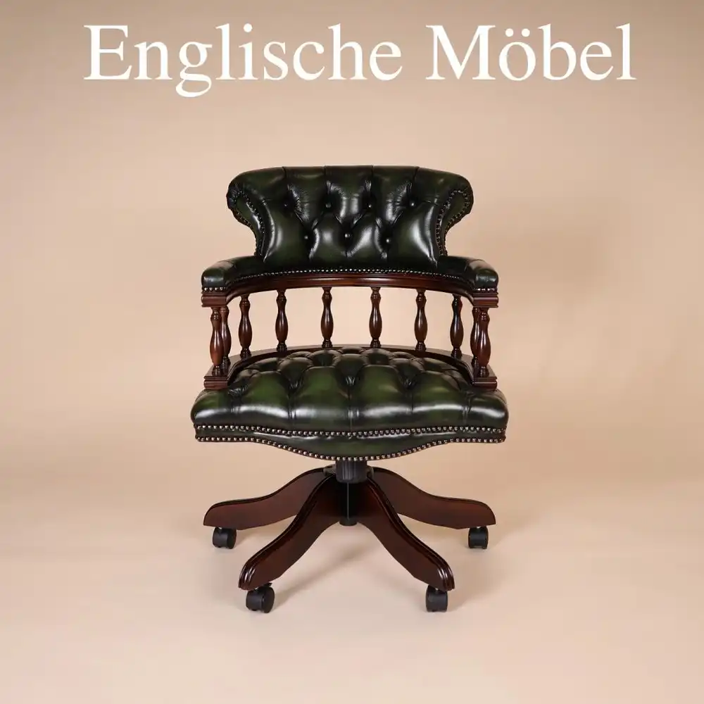 Englische Möbel Chesterfield Bürostuhl Drehsessel Antik Leder Mahagoni Office UK 0