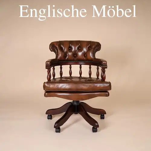 Englische Möbel Chesterfield Bürostuhl Drehsessel Antik Whiskey Leder Mahagoni