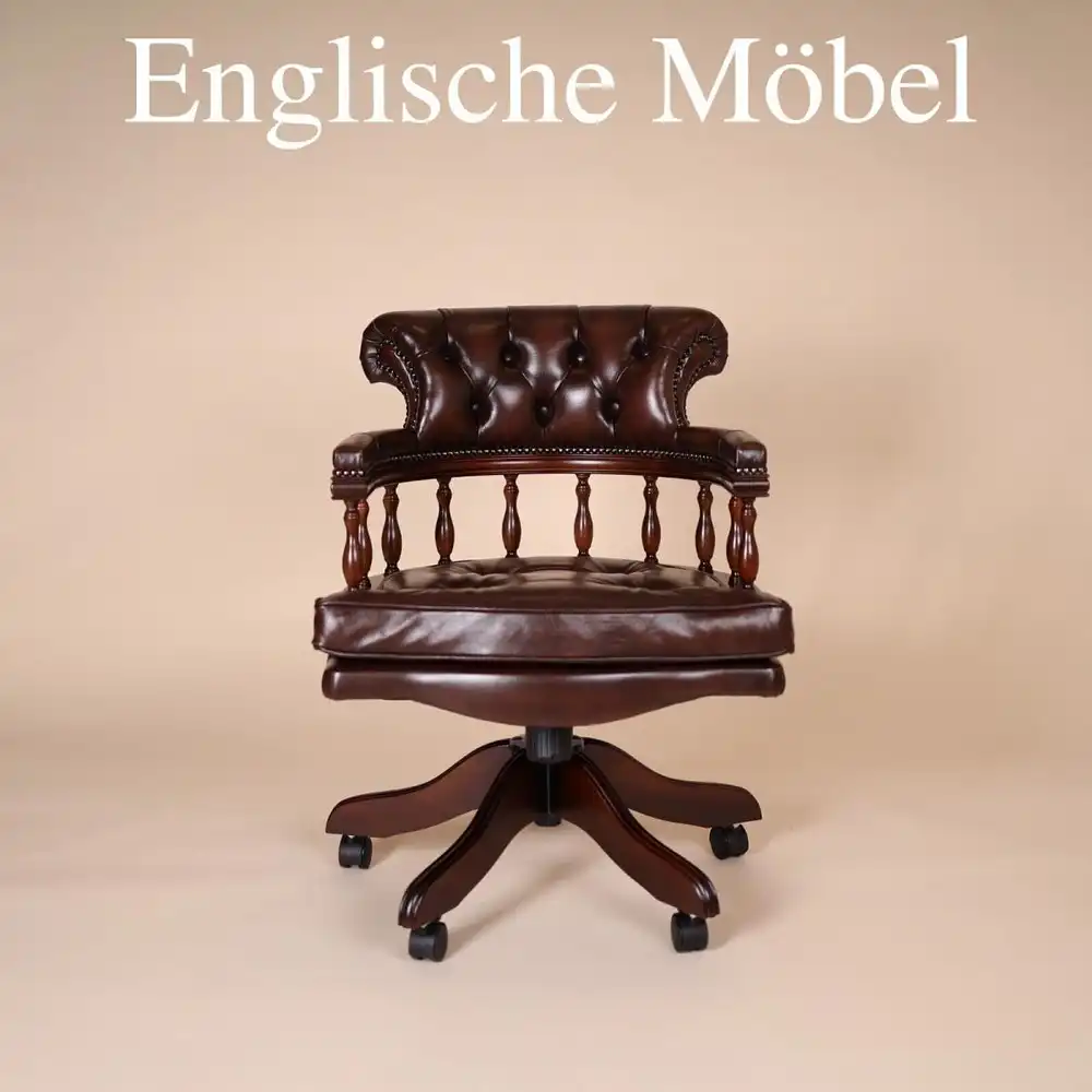 Englische Möbel Chesterfield Drehstuhl Bürosessel Antik Leder Mahagoni Office UK 0