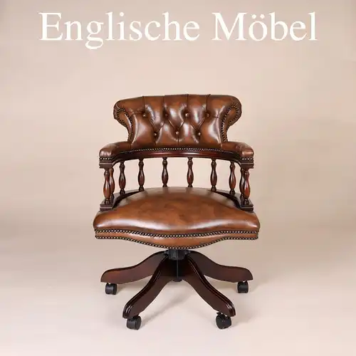 Englische Möbel Chesterfield Bürostuhl Drehsessel Antik Whiskey Leder Mahagoni