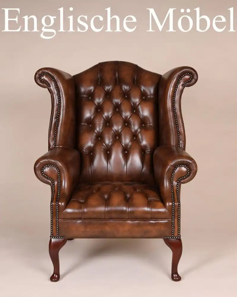 Englische Möbel Chesterfield Ohrensessel Wingchair Sessel Antik Leder Mahagoni 0