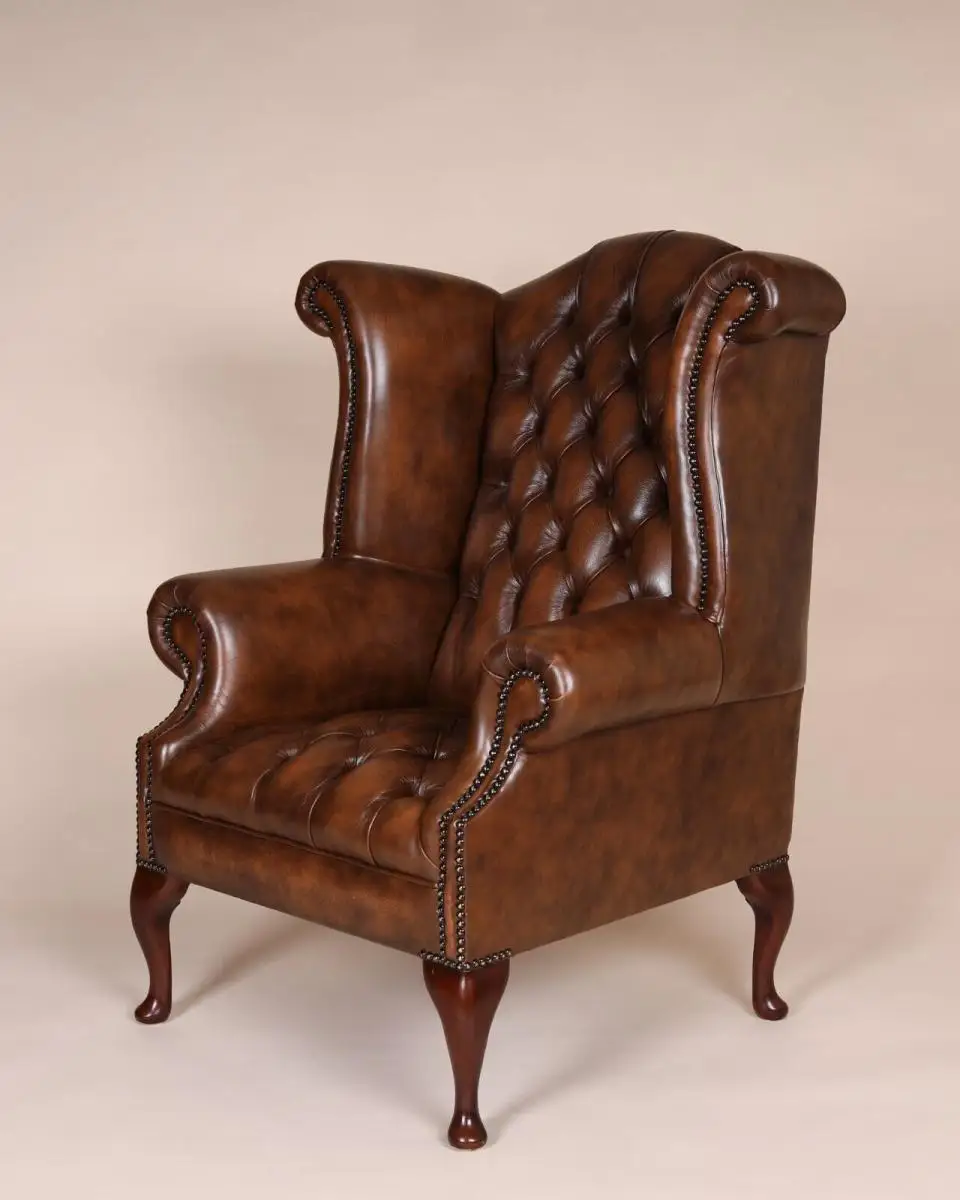 Englische Möbel Chesterfield Ohrensessel Wingchair Sessel Antik Leder Mahagoni 1