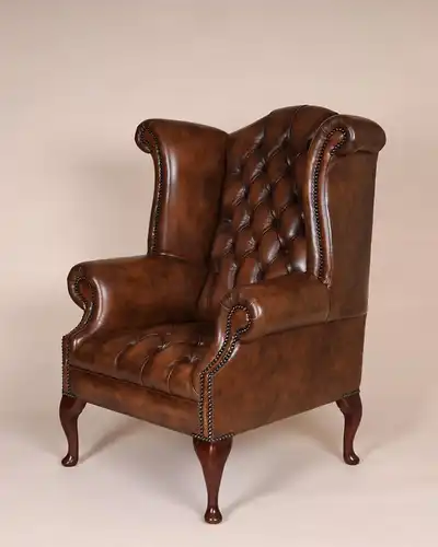 Englische Möbel Chesterfield Ohrensessel Wingchair Sessel Antik Leder Mahagoni