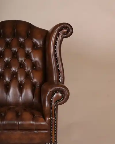 Englische Möbel Chesterfield Ohrensessel Wingchair Sessel Antik Leder Mahagoni